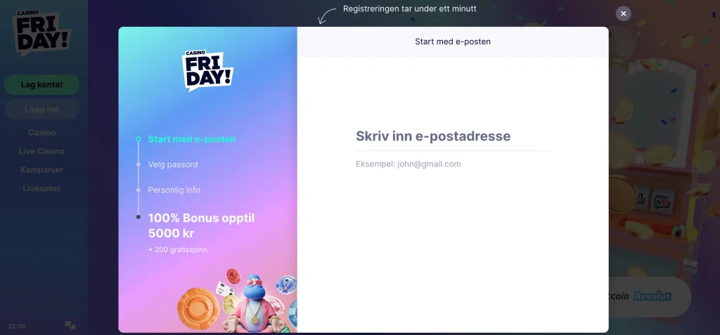 Registrering av spillerkonto hos Casino Friday