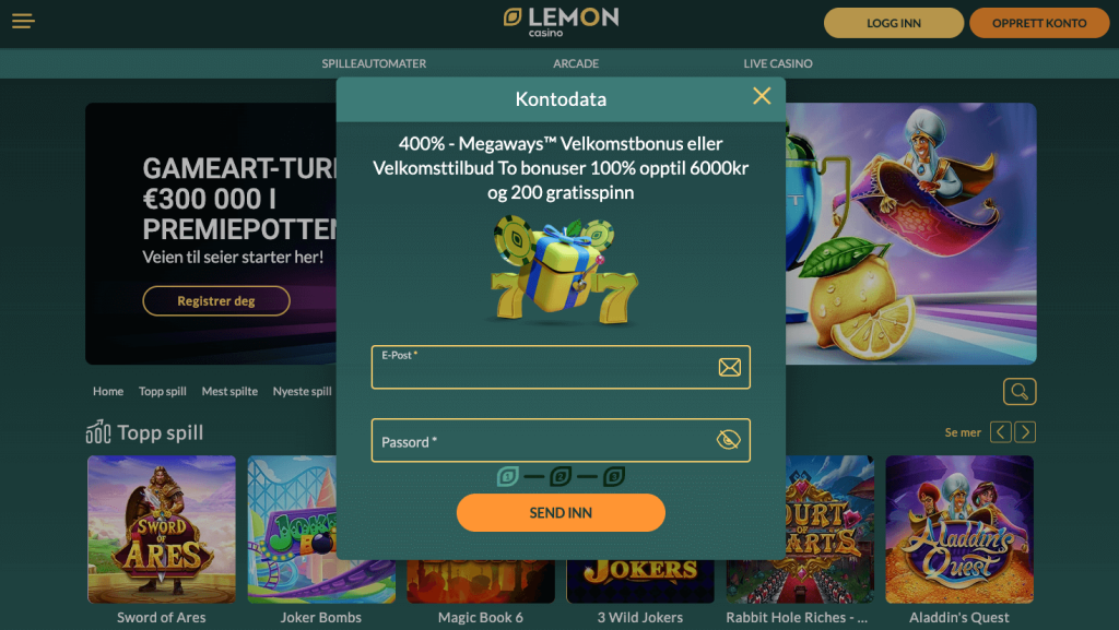 Registrering på Lemon nettcasino
